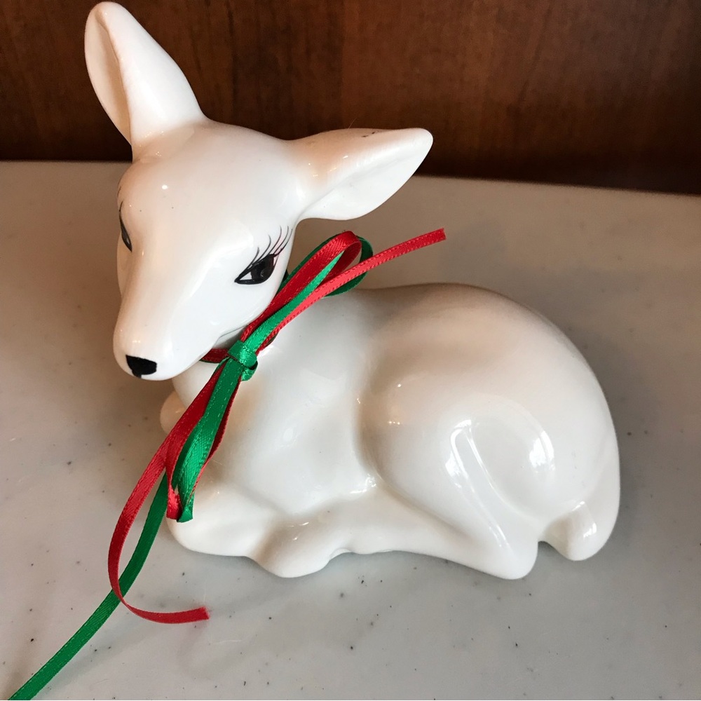 Ceramic Anthropomorphic Christmas Deer Figurines Set of Two With Ribbons - Picture 3 of 8